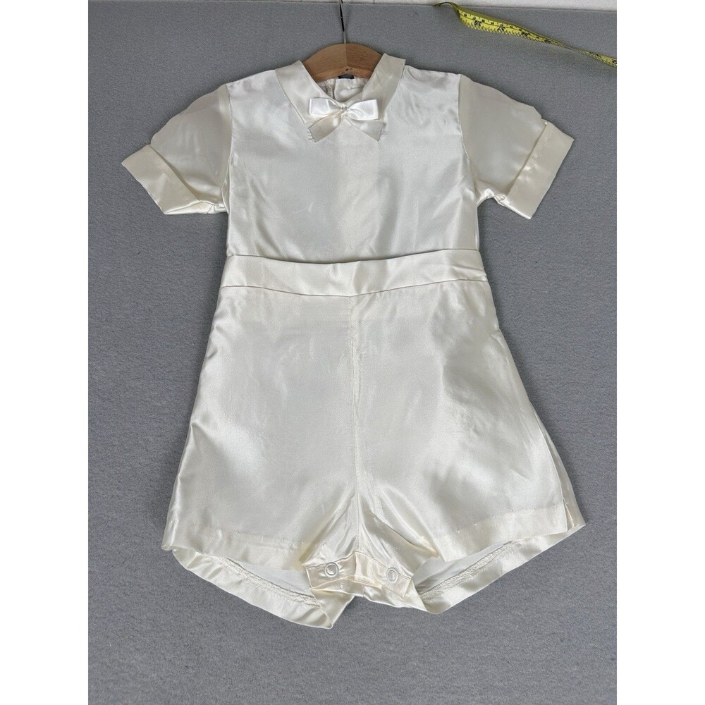 Vintage ivory-colored satin short-sleeve baby romper button back bow tie 24 Mos
